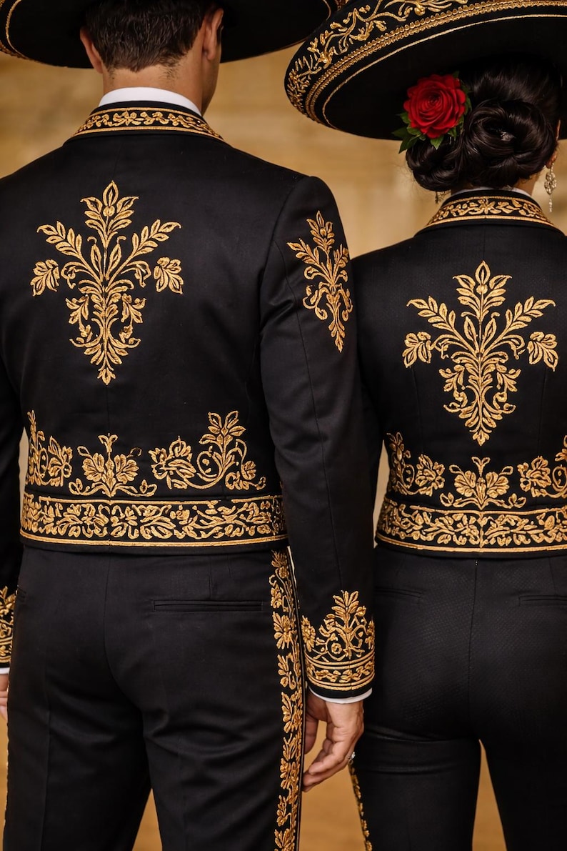 Black Gold Embroidered Mariachi Suit for Couples, Mexican Wedding