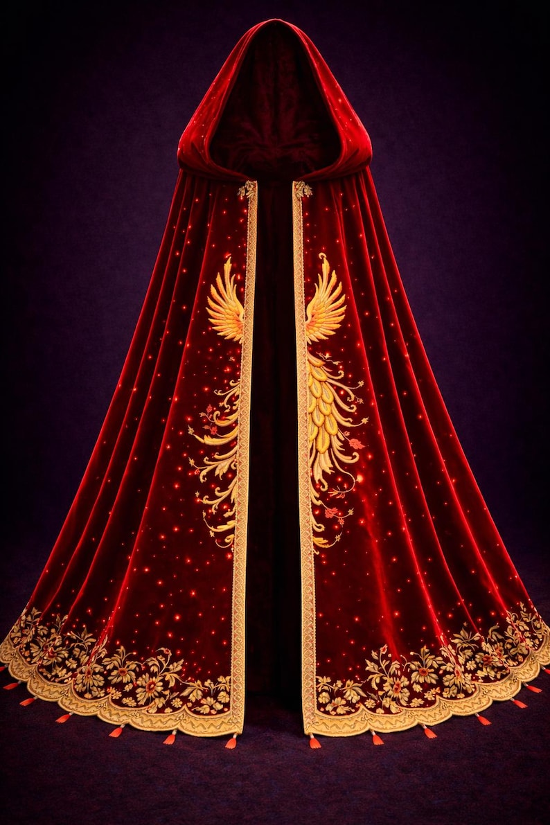 Red Velvet Hooded Cape – Gold Embroidered Phoenix, Fantasy Costume - Etsy