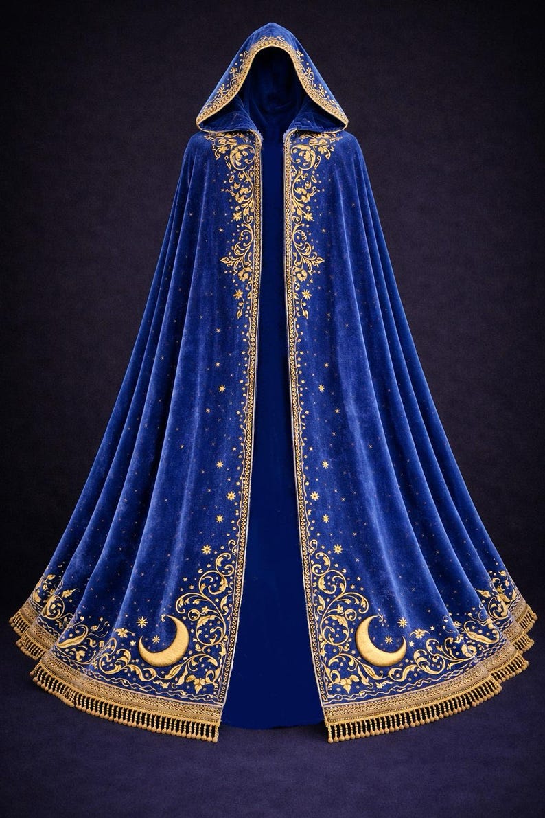 Celestial Velvet Cloak – Royal Blue Hooded Cape With Gold Embroidery - Etsy