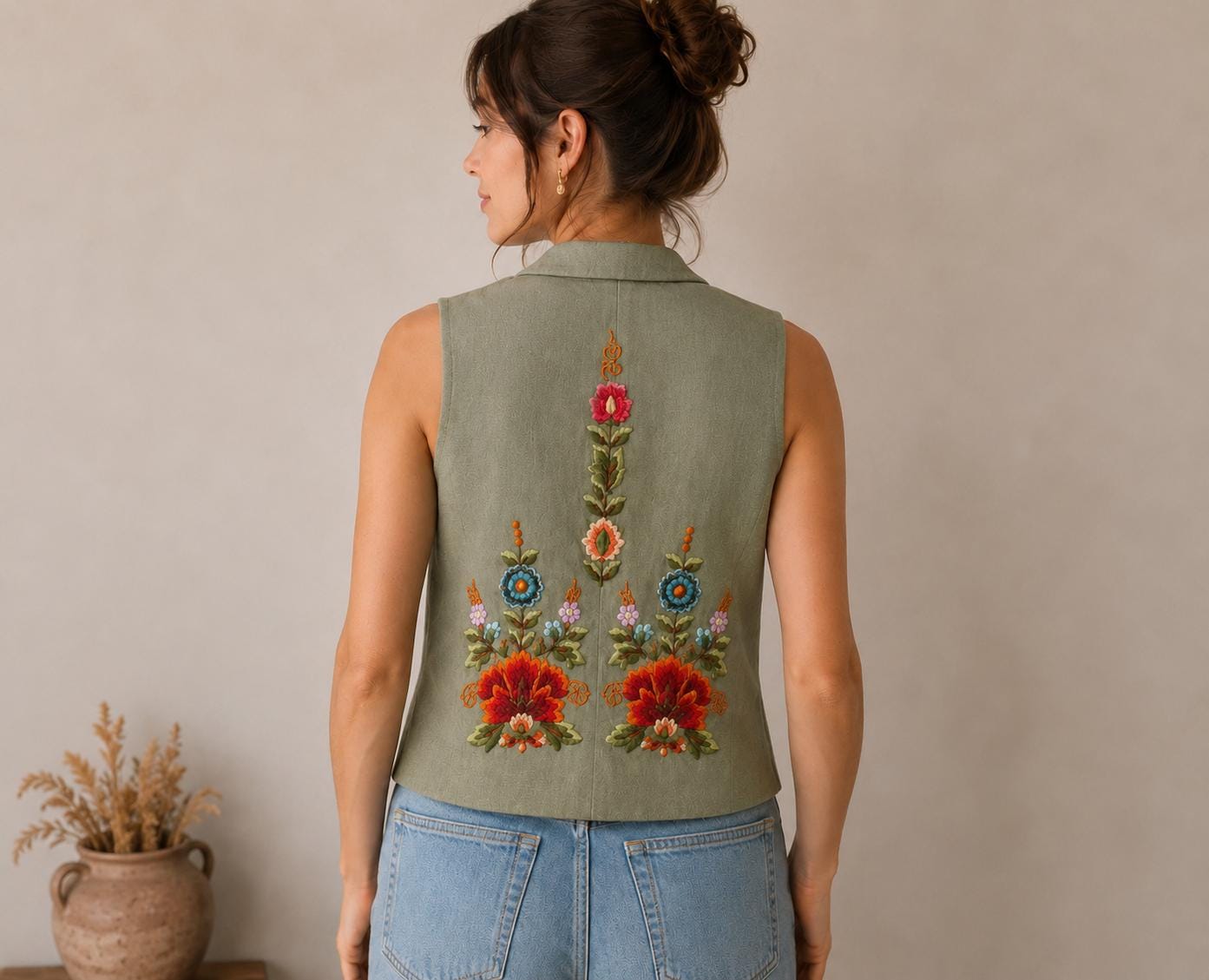 Buy Sage Green Embroidered Floral Vest, Boho Cottagecore Western
