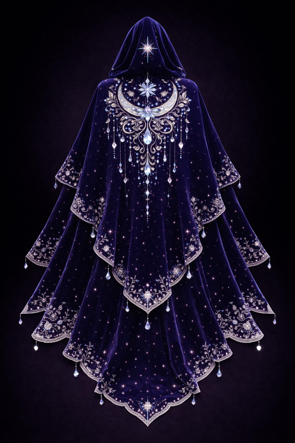 Purple Velvet Hooded Cloak | Celestial Moon Star Embroidery Cape