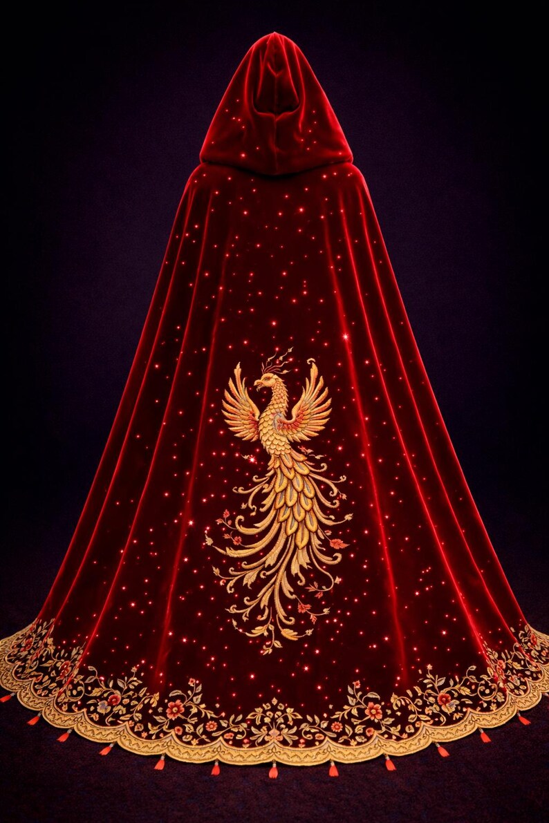 Red Velvet Hooded Cape – Gold Embroidered Phoenix, Fantasy Costume - Etsy