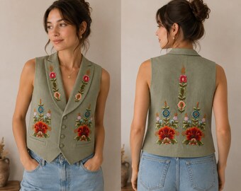 Buy Sage Green Embroidered Floral Vest, Boho Cottagecore Western
