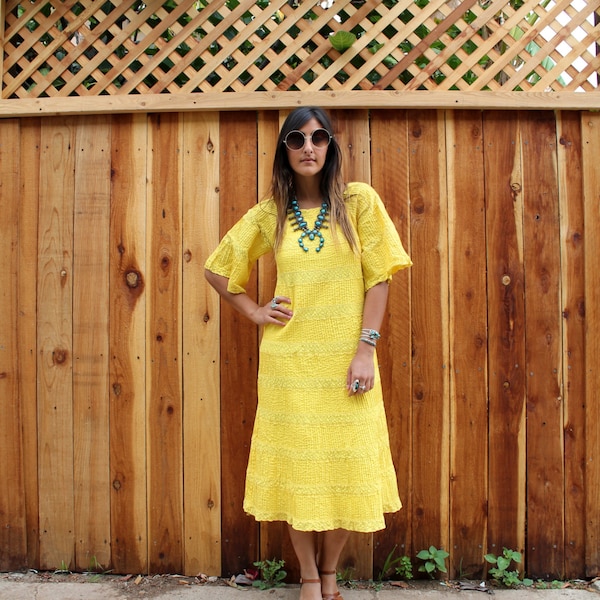 Vintage 70s Vibrant Yellow CROCHET & Pintucked Cotton MEXICAN Dress S