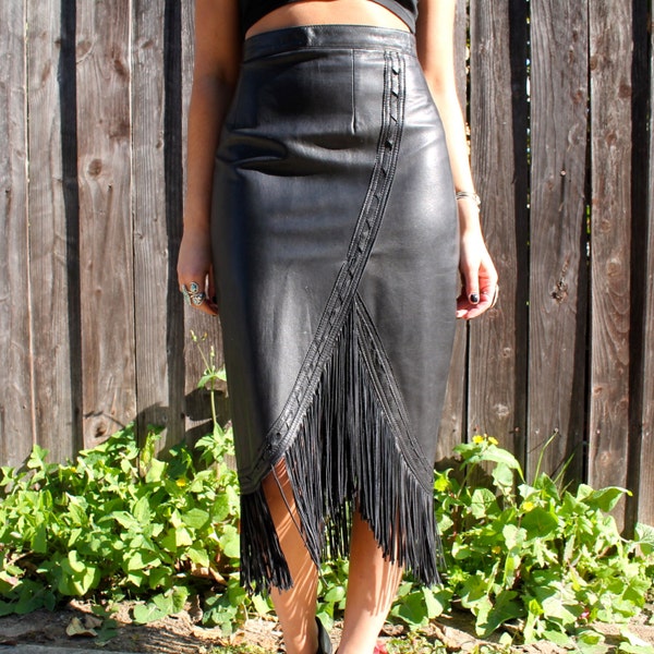 Vintage 70s Black LEATHER High Waist FRINGE Skirt S