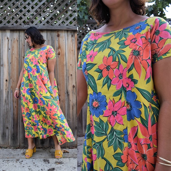 70s Vintage Floral Print Caftan Maxi Dress M