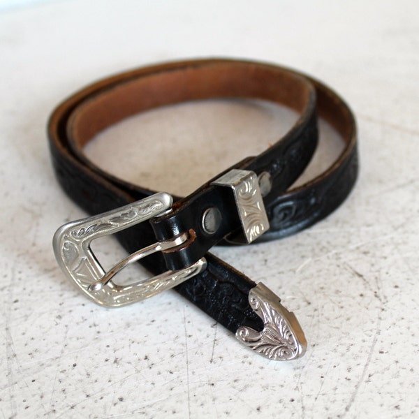 Vintage 80 s noir ORNÉ de ceinture en cuir avec fermoir boucle S