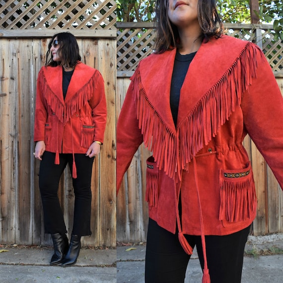 80s 90s Vintage Red Suede SCULLY Fringe Jacket M L