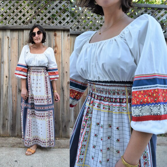 70s Folk Maxi Dress with Poet Sleeves S