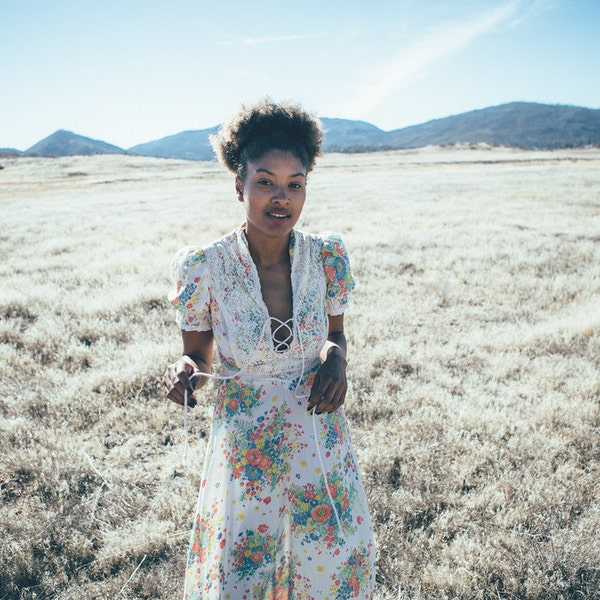 Vintage années 70 Prairie dentelle robe MAXI S