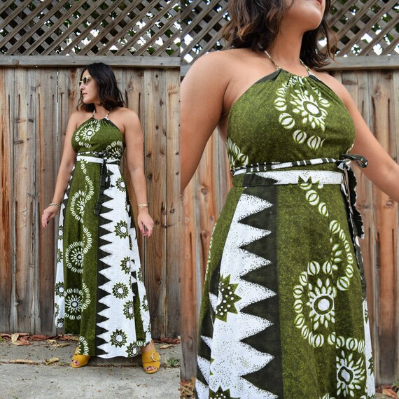 60s Vintage Hawaiian Cotton Wrap Halter Maxi Tiki
