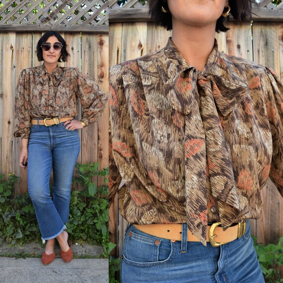 70s Vintage Pussy Bow Blouse with Poet Sleeves