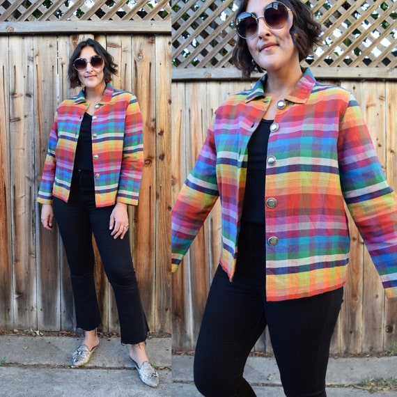 90s Vintage Rainbow Plaid Cotton Jacket M