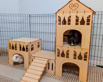 Bunny Bungalow Mini e XL - Casa modular de madeira para coelhos, esconderijo para coelhos, casa de brincar e habitat
