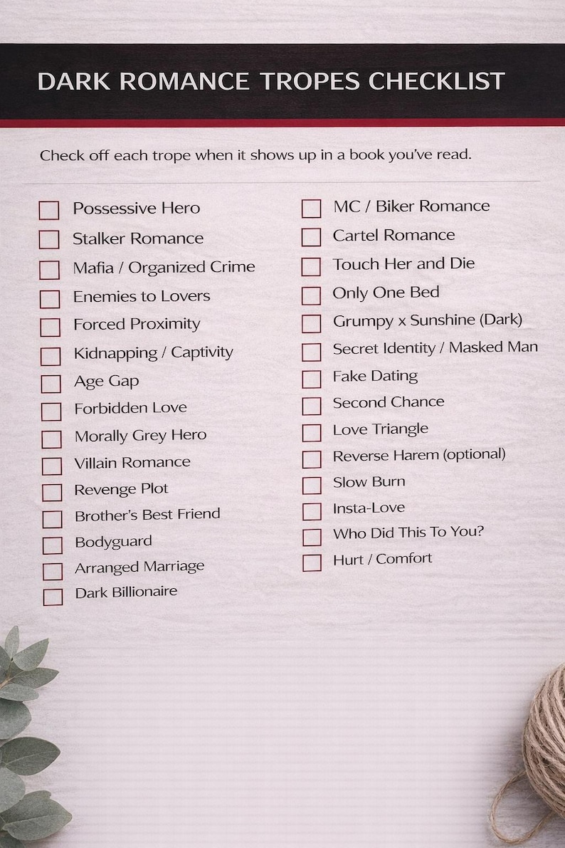 K&ouml;nnte beinhalten: Eine Checkliste mit dem Titel "DARK ROMANCE TROPES CHECKLIST" mit einer Liste von Roman-Tropen. Die Liste enth&auml;lt Tropen wie "Possessive Hero", "Stalker Romance" und "Mafia / Organized Crime". Die Checkliste befindet sich auf hellem Hintergrund.