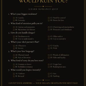 May include: A black quiz card with gold text titled WHICH VILLAIN WOULD RUIN YOU? A DARK ROMANCE QUIZ. It lists seven multiple-choice questions with options A, B, C, and D, followed by the text COUNT YOUR ANSWERS — YOUR VILLAIN AWAITS ON THE NEXT PAGE.