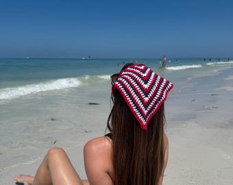 Pañuelo patriótico de ganchillo: pañuelo de algodón rojo, blanco y azul para el cabello.