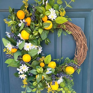 Lemon and Blueberry Summer Wreath | Cottage Front Door Decor | Farmhouse Grapevine Wreath | Summer Welcome Wreath | Yellow & Blue Wreath