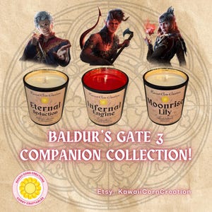 Baldur’s Gate 3 Soy Candle Collection Karlach (Infernal Engine), Shadowheart (Moonrise Lily), Astarion (Eternal Seduction)