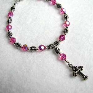 Pink Swarovski Crystal Rosary Bracelet: Sterling Silver Cross, Catholic Gift