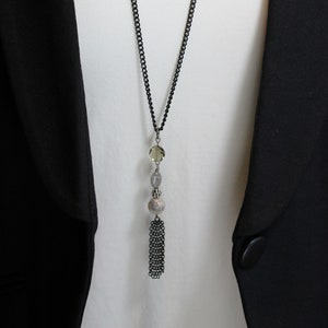 Black Chain Tassel Pendant Necklace: Agate, Labradorite & Crystal