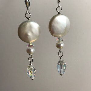 Coin Pearl & Swarovski Crystal Dangle Earrings / Elegant Coin Pearl Earrings / Dressy White Coin Pearl Earring/ Gift for Her image 1