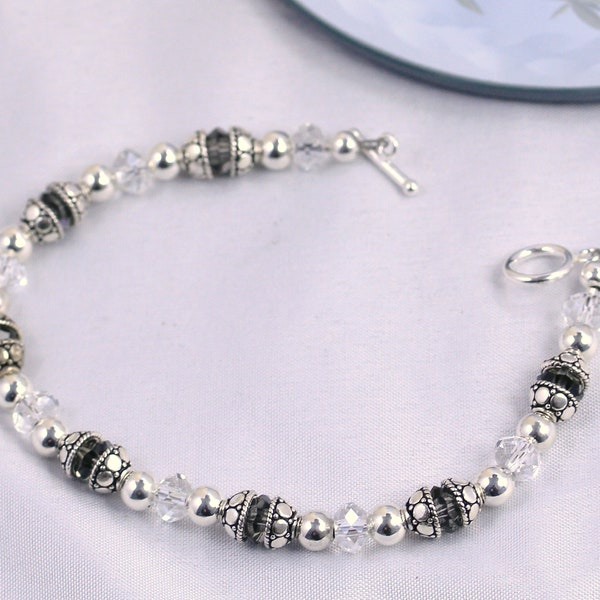 Gray & Clear Swarovski Crystal Bali Beadcap Bracelet / Petite Gray Crystal Bracelet / Elegant Grey Swarovski Silver Bracelet / Gift for Her