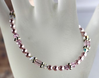 Swarovski Crystal and Pearl Girl's Bracelet / Pink Girls Bracelet / Pink Swarovski Pearl and Crystal Bracelet for Girl / Girl GIft