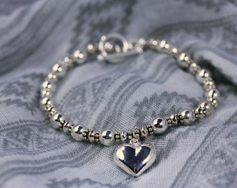 Sterling Shiny Heart Bracelet / Shiny Silver Bracelet with Puffed Heart Charm / Gift for mom/ Gift for Her/ Love Bracelet/ Valentine for Her
