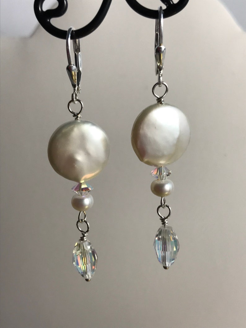 Coin Pearl & Swarovski Crystal Dangle Earrings / Elegant Coin Pearl Earrings / Dressy White Coin Pearl Earring/ Gift for Her image 1