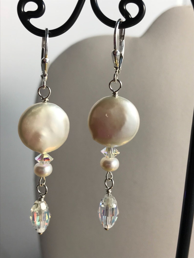 Coin Pearl & Swarovski Crystal Dangle Earrings / Elegant Coin Pearl Earrings / Dressy White Coin Pearl Earring/ Gift for Her image 6