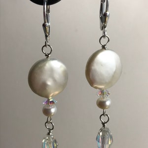 Coin Pearl & Swarovski Crystal Dangle Earrings / Elegant Coin Pearl Earrings / Dressy White Coin Pearl Earring/ Gift for Her image 5