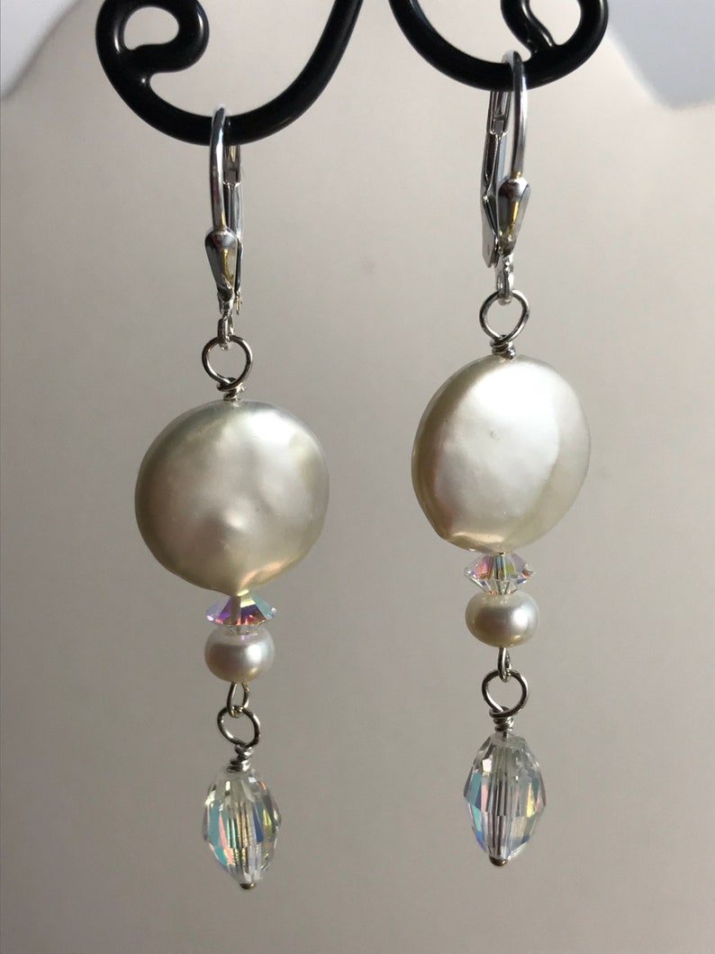 Coin Pearl & Swarovski Crystal Dangle Earrings / Elegant Coin Pearl Earrings / Dressy White Coin Pearl Earring/ Gift for Her image 5