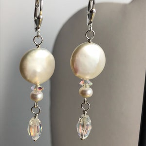 Coin Pearl & Swarovski Crystal Dangle Earrings / Elegant Coin Pearl Earrings / Dressy White Coin Pearl Earring/ Gift for Her image 3