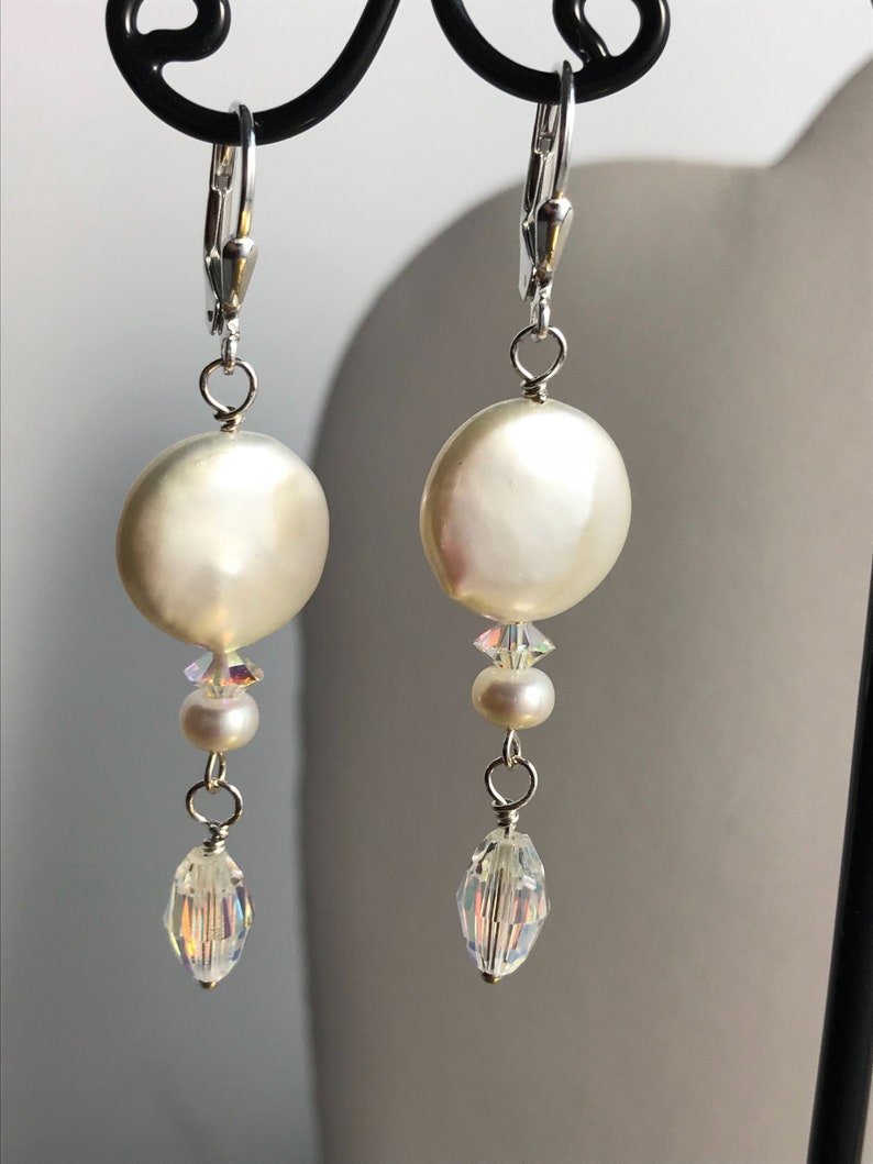 Coin Pearl & Swarovski Crystal Dangle Earrings / Elegant Coin Pearl Earrings / Dressy White Coin Pearl Earring/ Gift for Her image 3