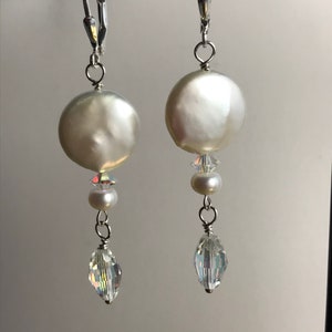 Coin Pearl & Swarovski Crystal Dangle Earrings / Elegant Coin Pearl Earrings / Dressy White Coin Pearl Earring/ Gift for Her image 7