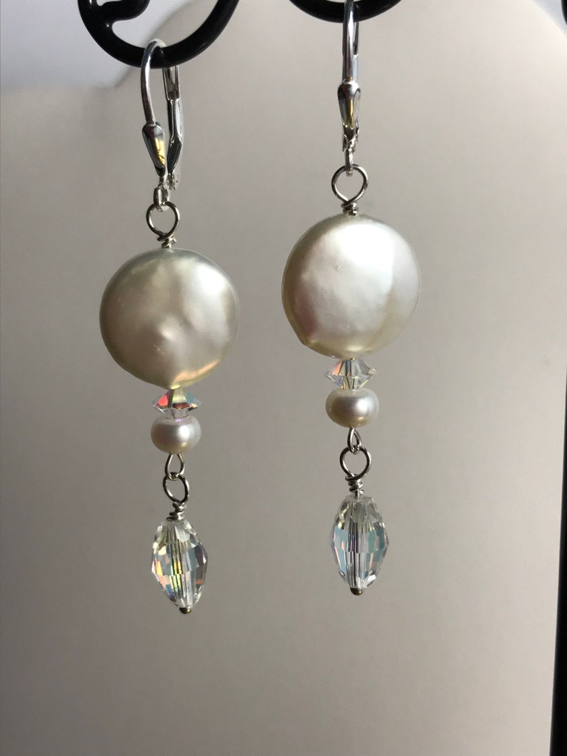 Coin Pearl & Swarovski Crystal Dangle Earrings / Elegant Coin Pearl Earrings / Dressy White Coin Pearl Earring/ Gift for Her image 7