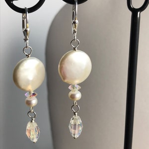 Coin Pearl & Swarovski Crystal Dangle Earrings / Elegant Coin Pearl Earrings / Dressy White Coin Pearl Earring/ Gift for Her image 9