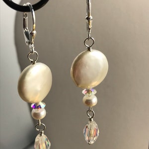 Coin Pearl & Swarovski Crystal Dangle Earrings / Elegant Coin Pearl Earrings / Dressy White Coin Pearl Earring/ Gift for Her image 4