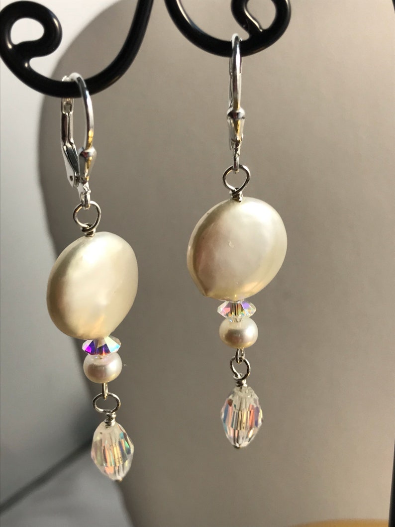 Coin Pearl & Swarovski Crystal Dangle Earrings / Elegant Coin Pearl Earrings / Dressy White Coin Pearl Earring/ Gift for Her image 4