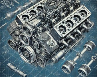 May include: A detailed illustration of a complex engine with multiple cylinders, gears, and belts. The engine is rendered in shades of gray and white against a blue grid background.