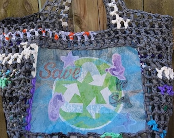 Recycled Plastic Bag Tote, Save the Sea, blue, purple, green, grey hand crocheted, Plarn, zero waste, sustainable