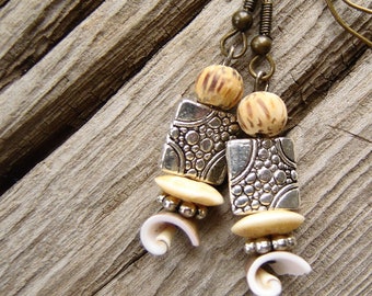 Nature girl dangle earrings, metal, bone, wood and shell