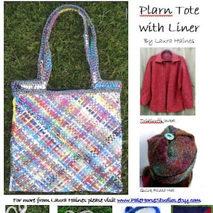 May include: A colourful crocheted tote bag with a grey liner. The bag is made from recycled plastic and has a diagonal pattern. The image also shows a red jacket, a brown hat, a white purse, a crocheted bottle tote, a blue purse, and a red and blue fabric square.