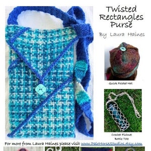 May include: A blue and white crocheted purse with a twisted rectangle design. The purse has a long strap and a blue button closure. The image also shows other crocheted items, including a hat, a bottle tote, and a folded triangles purse.