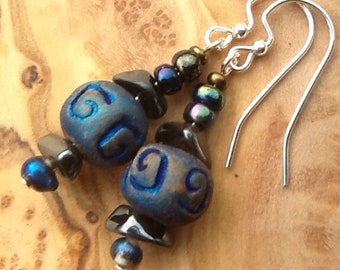 Raku, hematite dangle earrings