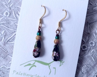 Dangle earring, Floral and Black cloisonné, filigree, glass,  14 kt gold fill