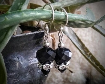 Dangle earrings - black crystal faceted glass, rhinestone rondelles