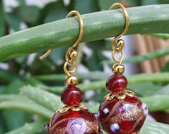 Dangle earrings - Rich red Venetian glass, 14 kt gold fill