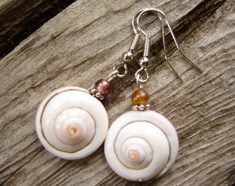 Dangle earrings, Swirly Spiral Shell, eye of Shiva, hook earring